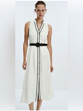 Zara midi shirtdress featuring black contrast trim and a matching black belt NWT